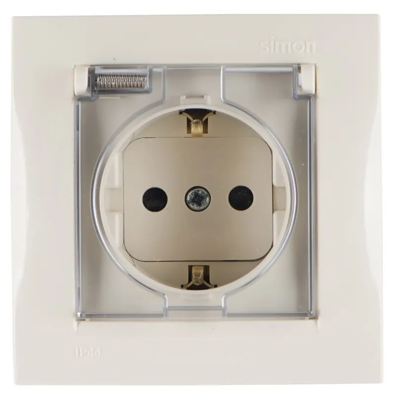 Simon15 վարդակ հողանցումով կափարիչով փղոսկր 16A IP44 (1/18)
