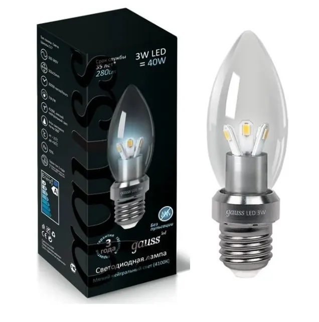 Gauss լամպ E27 Black մոմ 3W 4100K 280Lm 1/10/100