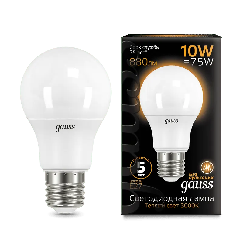 Gauss լամպ E27 Black A60 10W 3000K 880Lm 1/10/50