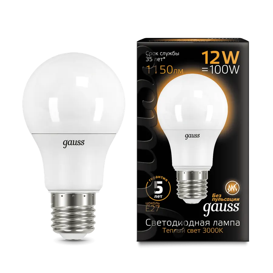 Gauss լամպ E27 Black A60 12W 3000K 1150Lm 1/10/50