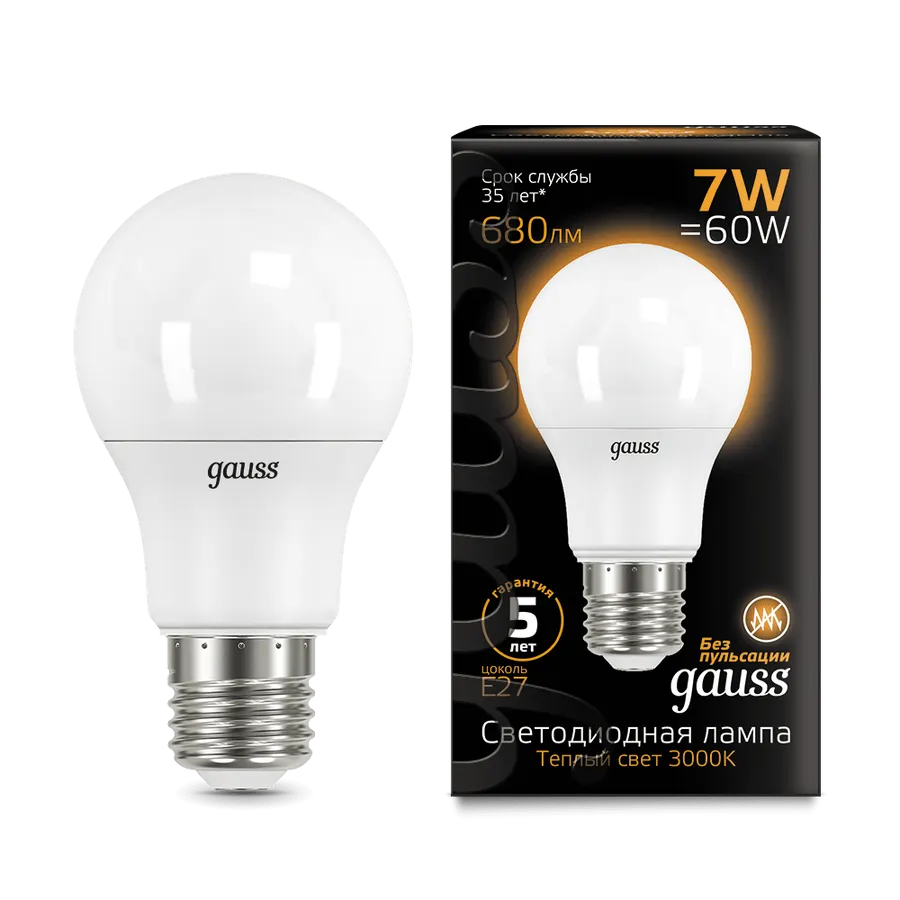 Gauss լամպ E27 Black A60 7W 3000K 680Lm 1/10/50