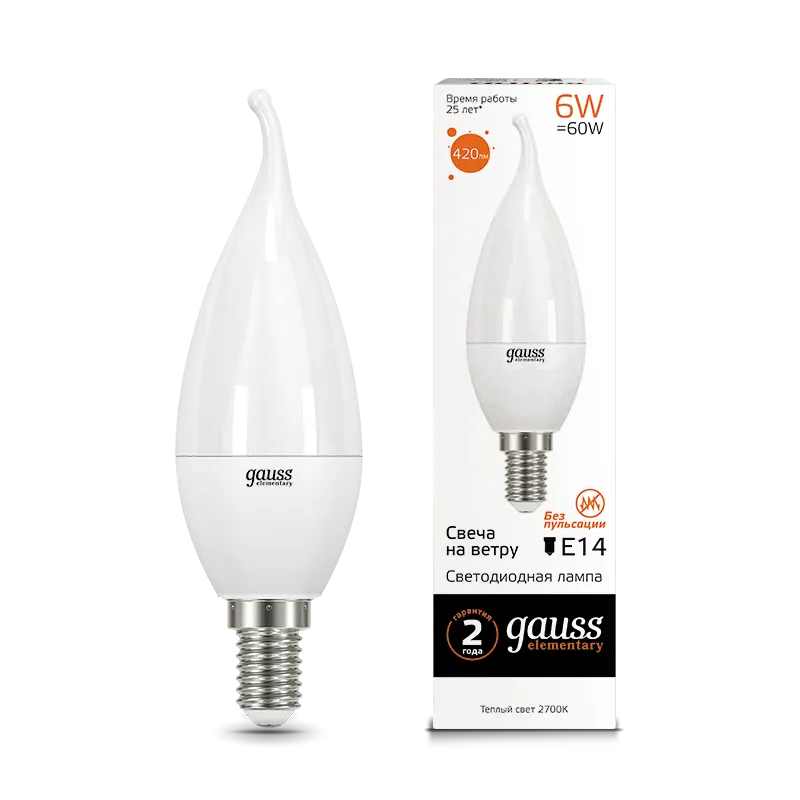 Gauss լամպ E14 Elementary մոմ (ծիծակ) 6W 3000K 420Lm 1/10/50
