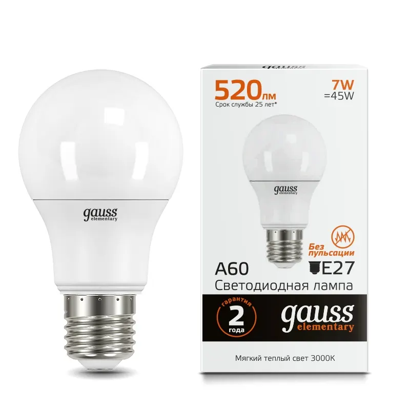 Gauss լամպ E27 Elementary A60 7W 3000K 520Lm 1/10/50