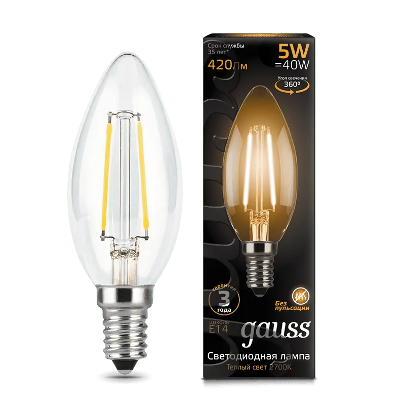 Gauss լամպ E14 Black մոմ 5W 2700К 420Lm Filament 1/10/50