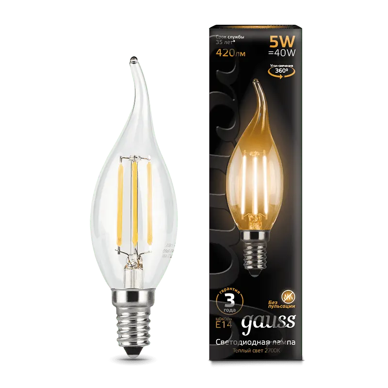 Gauss լամպ E14 Black մոմ (ծիծակ) 5W 2700К 420Lm Filament 1/10/50