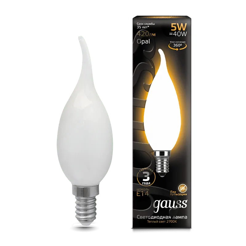 Gauss լամպ E14 Black մոմ (ծիծակ) 5W 2700К 420Lm օպալ 1/10/50