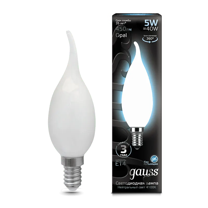 Gauss լամպ E14 Black մոմ (ծիծակ) 5W 4100К 450Lm օպալ 1/10/50