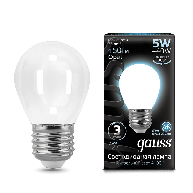 Gauss լամպ E27 Black շարիկ 5W 4100К 450Lm օպալ 1/10/50