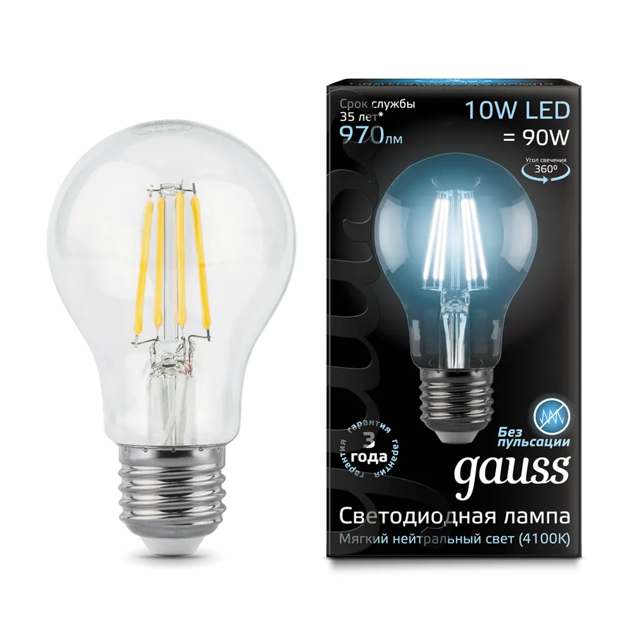 Gauss լամպ E27 Black A60 10W 4100К 970Lm Filament 1/10/40