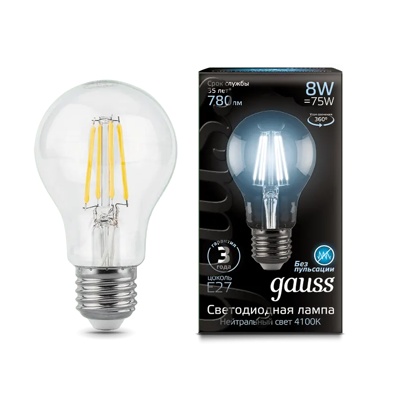 Gauss լամպ E27 Black A60 8W 4100К 780Lm Filament 1/10/40