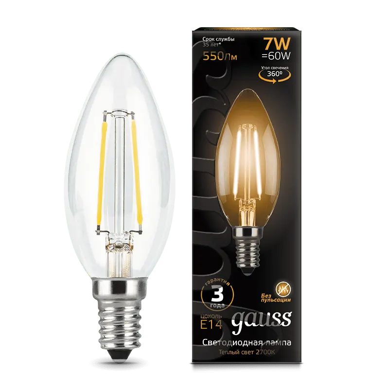 Gauss լամպ E14 Black մոմ 7W 2700К 550Lm Filament 1/10/50