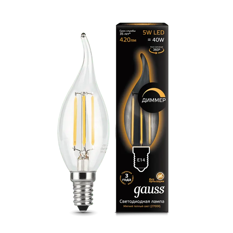 Gauss լամպ E14 Black դիմ. 5W 2700K ֆիլամենտ մոմ (ծիծակ) 420Lm 1/10/50