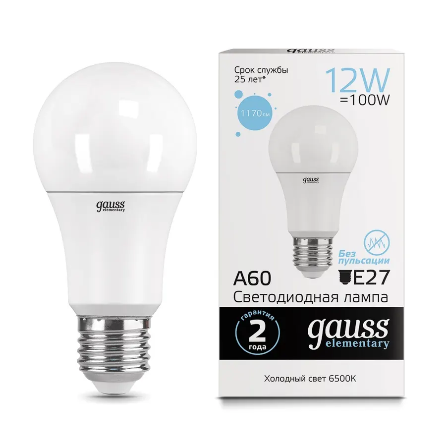Gauss լամպ E27 Elementary A60 12W 6500K 1170Lm 1/10/50