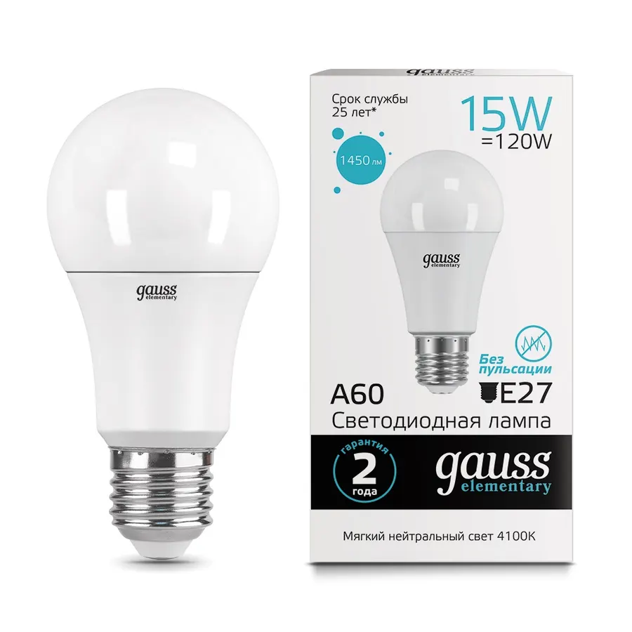 Gauss լամպ E27 Elementary A60 15W 4100K 1450Lm 1/10/50