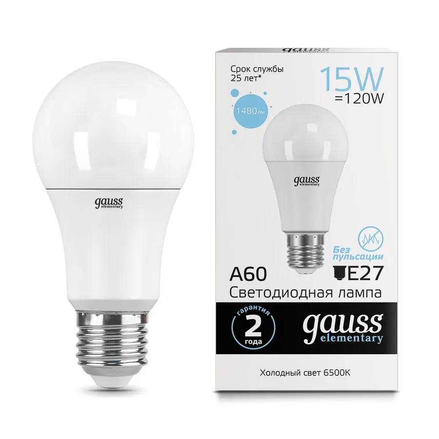 Gauss լամպ E27 Elementary A60 15W 6500K 1480Lm 1/10/50
