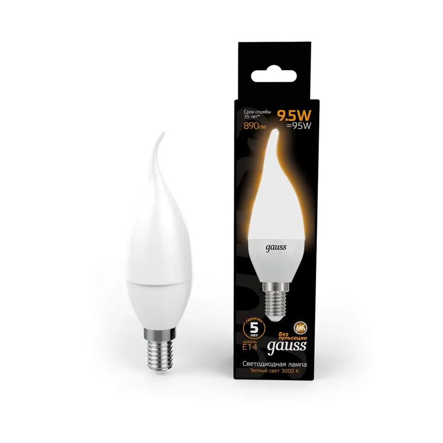Gauss լամպ E14 Black մոմ (ծիծակ) 9․5W 3000K 890Lm 1/10/50