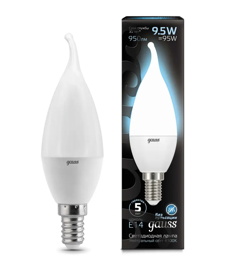 Gauss լամպ E14 Black մոմ (ծիծակ) 9․5W 4100K 950Lm 1/10/50