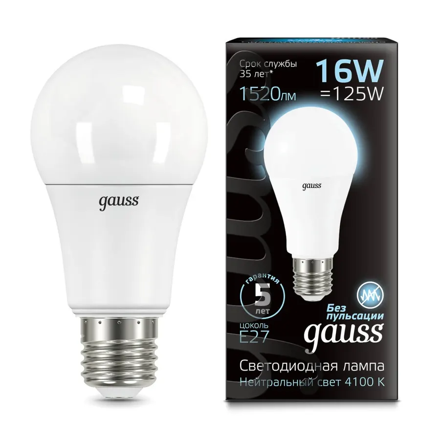 Gauss լամպ E27 Black A60 16W 4100K 1520Lm 1/10/50