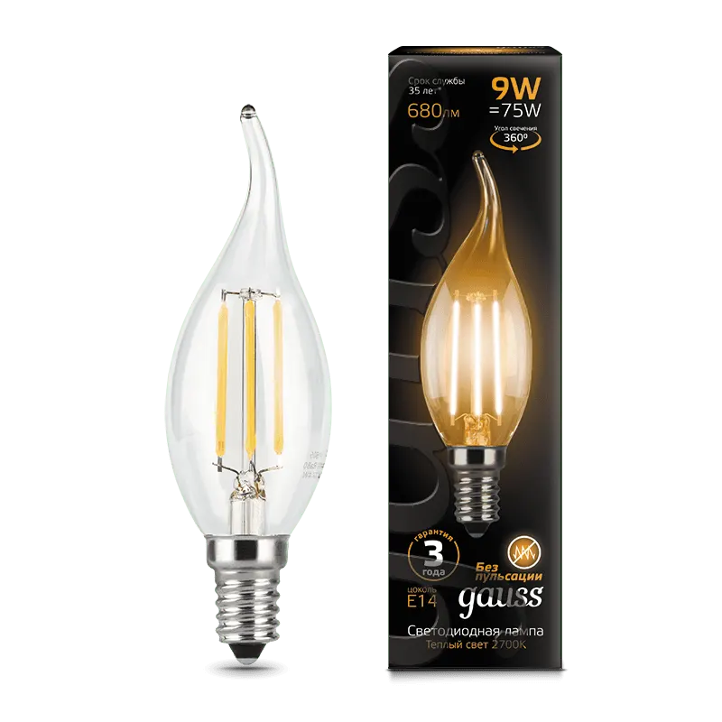 Gauss լամպ E14 Black մոմ (ծիծակ) 9W 2700К 680Lm Filament 1/10/50