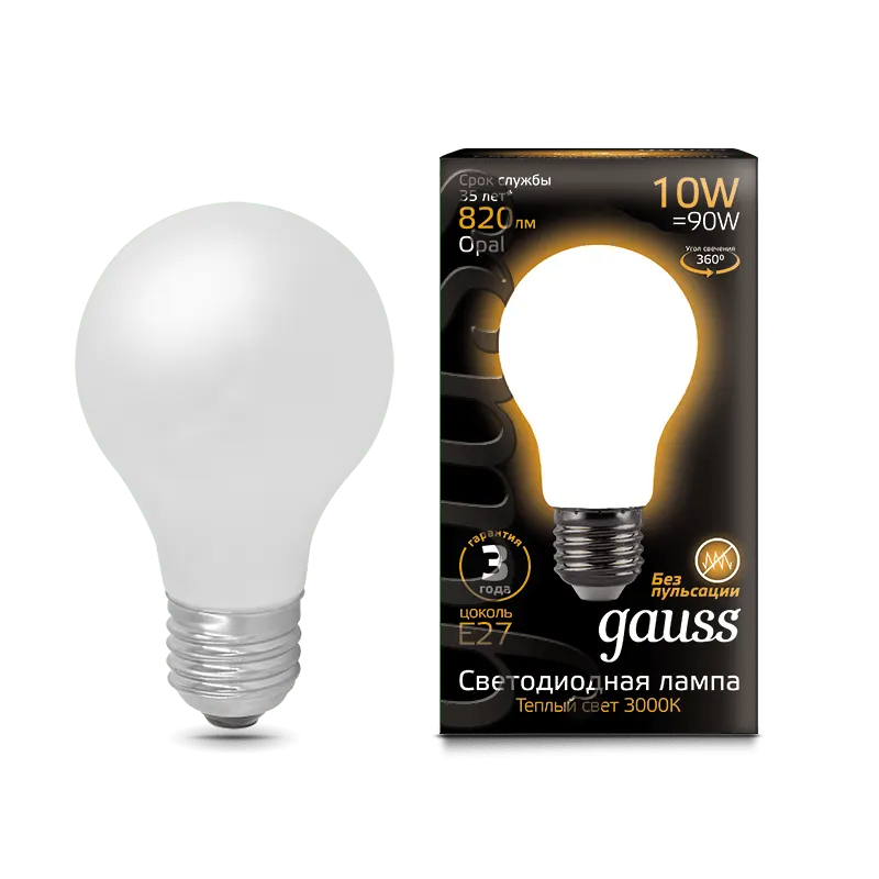 Gauss լամպ E27 Black A60 10W 2700К 820Lm օպալ 1/10/40
