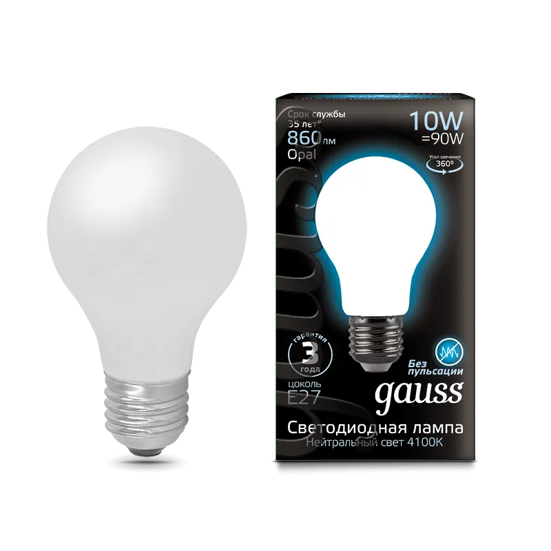 Gauss լամպ E27 Black A60 10W 4100К 860Lm օպալ 1/10/40