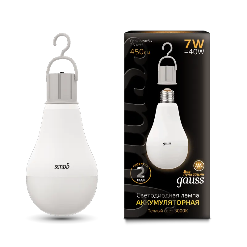Gauss լամպ E27 Black A60 7W 3000K 450Lm մարտկոցով 1/40