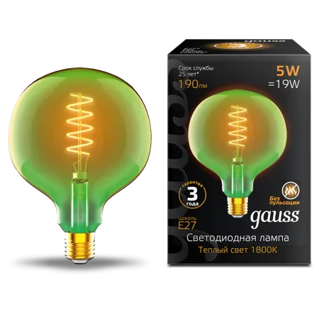 Gauss լամպ Е27 Black G125 5W 1800К 190Lm Green ճկուն 1/10