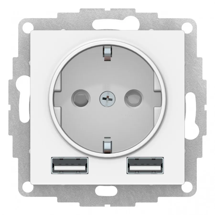 Schneider Atlas Վարդակ Հողանցումով + USB 2 Տեղ 2,4A Սպիտակ