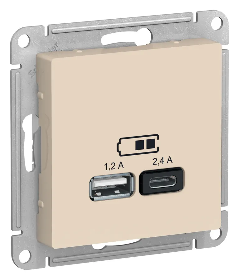 Schneider Atlas USB Լիցքավորիչ 2 Մուտք 2,4Ա + 1,2Ա Բեժ