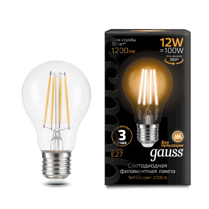 Gauss լամպ E27 Black A60 12W 2700К 1200Lm Filament 1/10/40