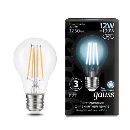 Gauss լամպ E27 Black A60 12W 4100К 1250Lm Filament 1/10/40