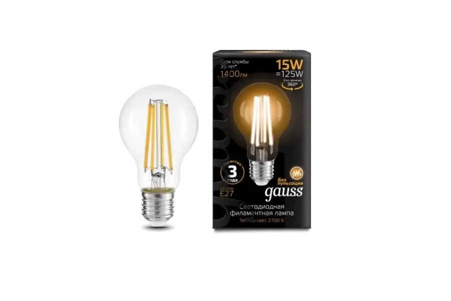 Gauss լամպ E27 Black A60 15W 2700К 1400Lm Filament 1/10/40