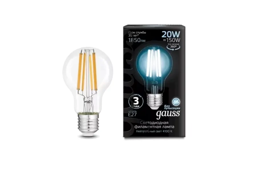 Gauss լամպ E27 Black A60 20W 4100К 1850Lm Filament 1/10/40