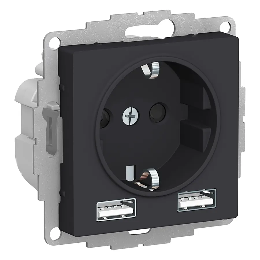 Schneider Atlas Վարդակ Հողանցումով + USB 2 Տեղ 2,4A Սև