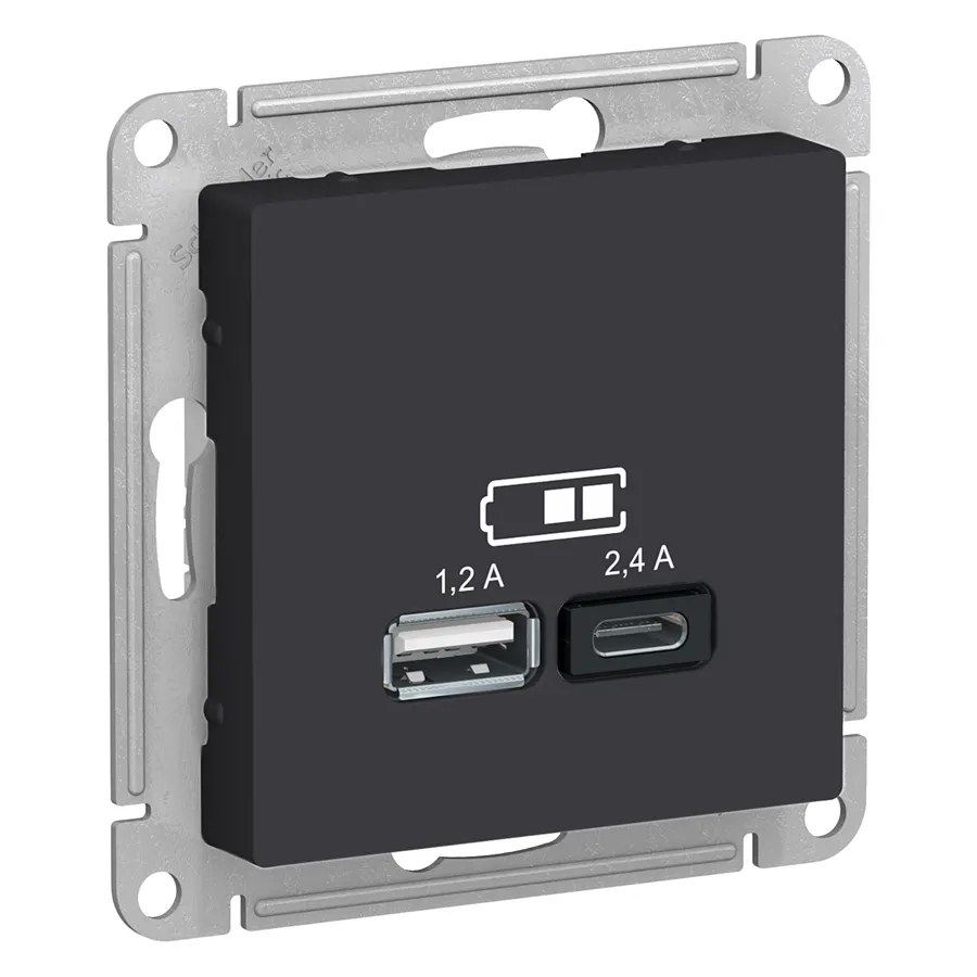 Schneider Atlas USB Լիցքավորիչ 2 Մուտք 2,1Ա + 1,2Ա Սև