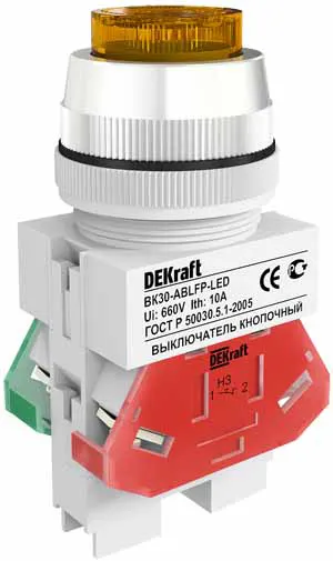 Անջատիչ կոճակ դեղին LED 220V D=30մմ ВК30-ABLFP-YEL-LED (Dekraft)