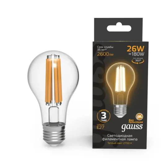 Gauss լամպ E27 Black A70 26W 2700К 2600Lm Filament 1/10/40