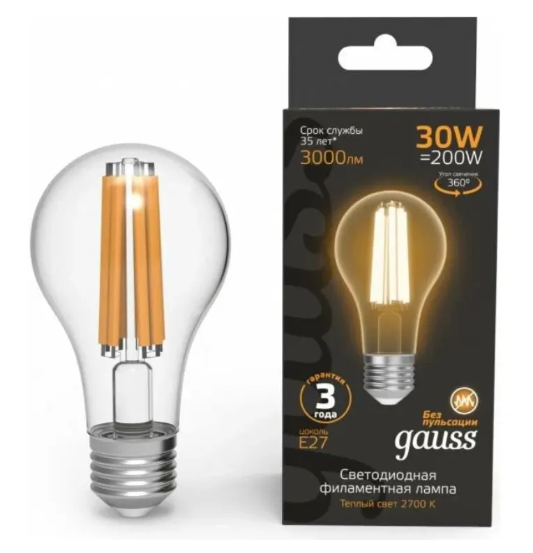 Gauss լամպ E27 Black A70 30W 2700К 3000Lm Filament 1/10/40