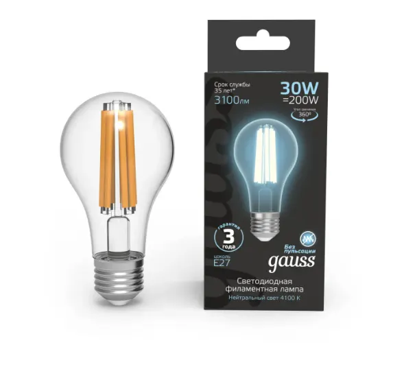 Gauss լամպ E27 Black A70 30W 4100К 3100Lm Filament 1/10/40