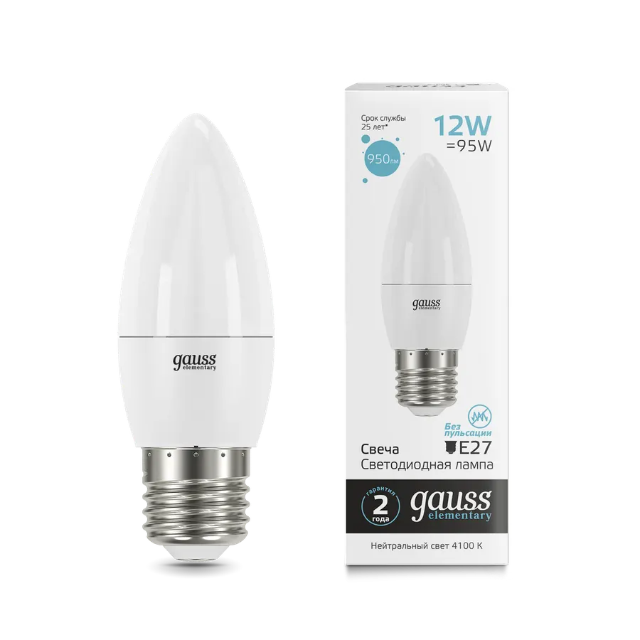 Gauss լամպ E27 Elementary մոմ 12W 4100K 950Lm 1/10/100
