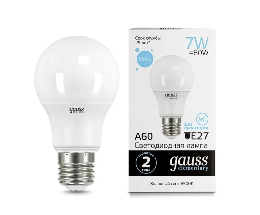 Gauss լամպ E27 Elementary A60 7W 6500K 560Lm 1/10/100