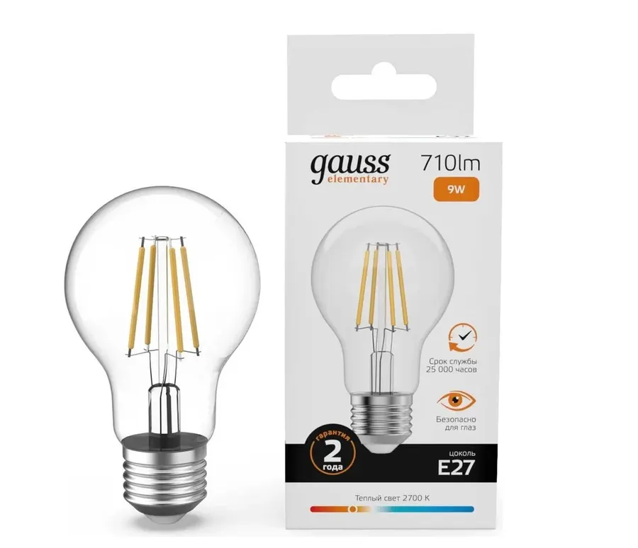 Gauss լամպ E27 Elementary A60 9W 2700К 710Lm Filament 1/10/50