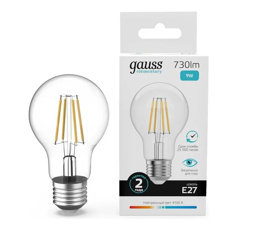 Gauss լամպ E27 Elementary A60 9W 4100К 730Lm Filament 1/10/50