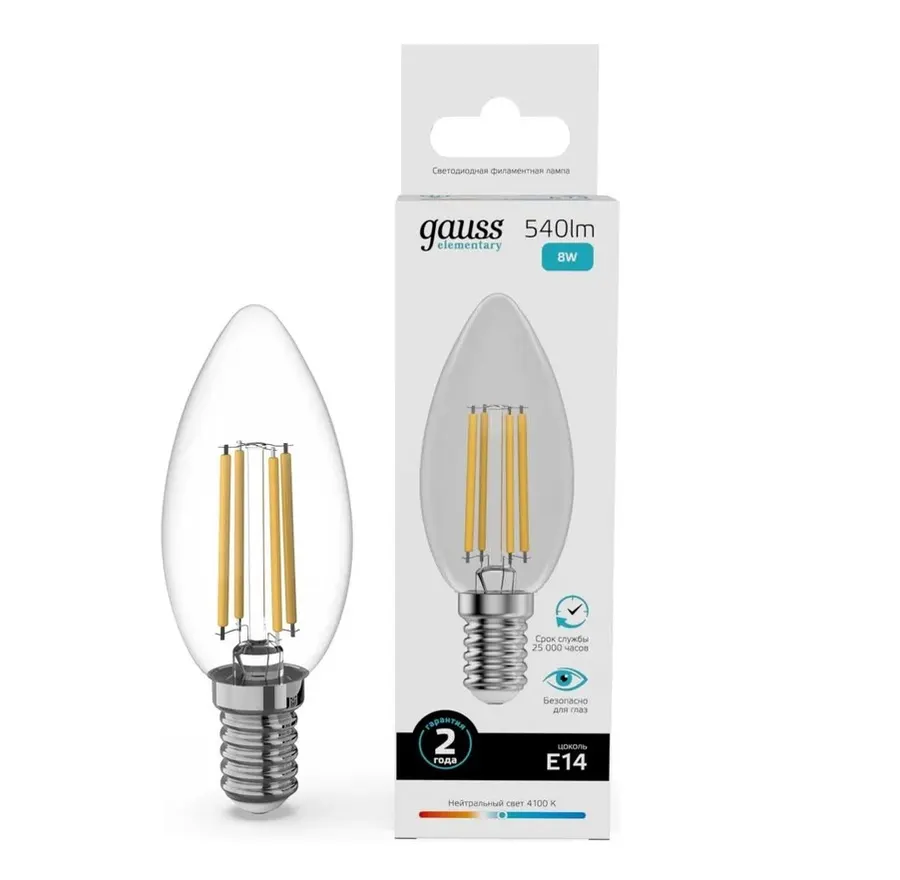 Gauss լամպ E14 Elementary մոմ 8W 4100К 540Lm Filament 1/10/100