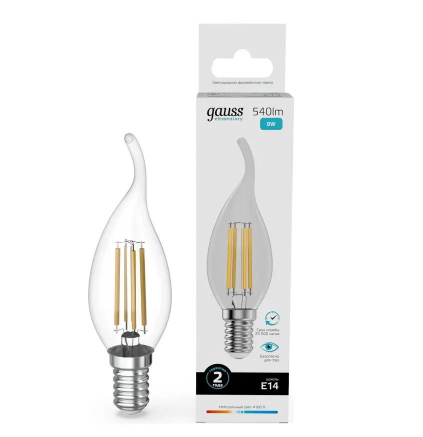 Gauss լամպ E14 Elementary մոմ ծիծակ 8W 4100К 540Lm Filament 1/10/100