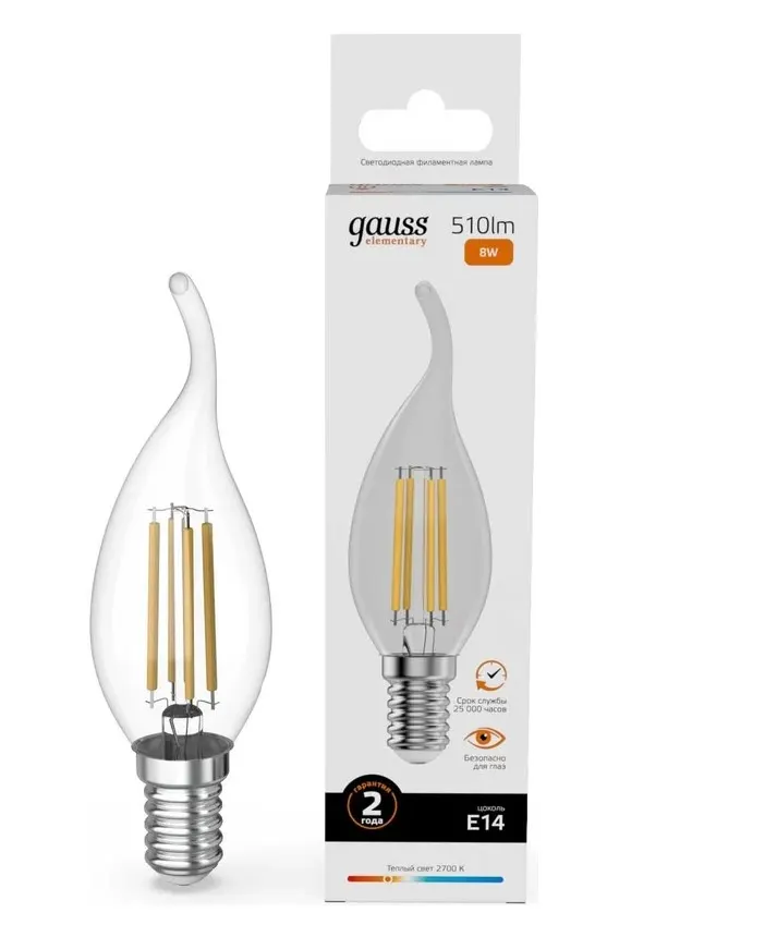 Gauss լամպ E14 Elementary մոմ ծիծակ 8W 2700К 510Lm Filament 1/10/100
